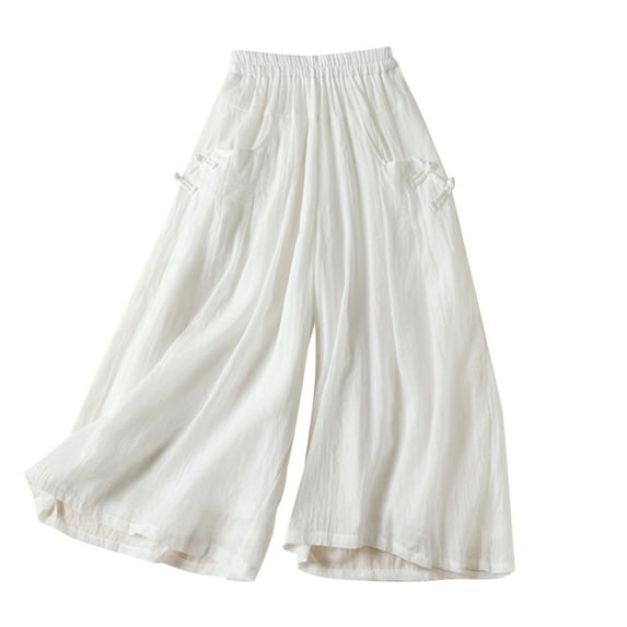 VERUGU Capris Pants for Women Solid Color Casual Pocket Elasticated Literary and Artistic Revival Capris Cotton and Linen Plus Size Pants White M