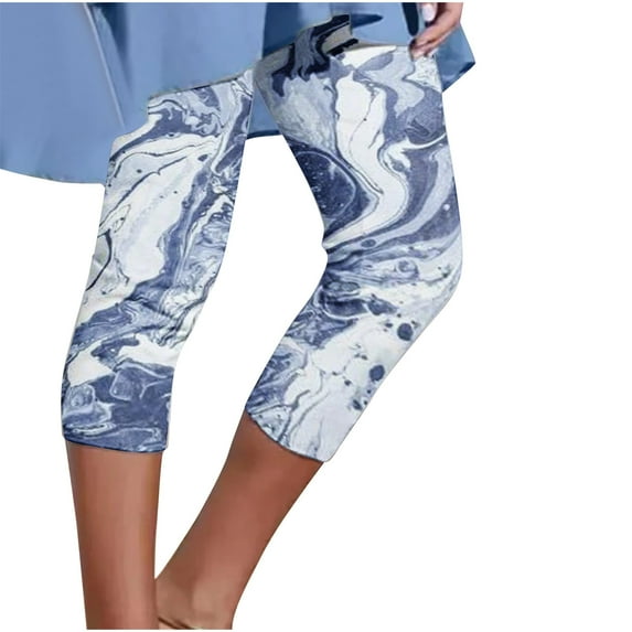 VERUGU Capris Pants for Women Spring Summer Casual Comfortable Elastic Waist Printed Cropped Pants Blue S