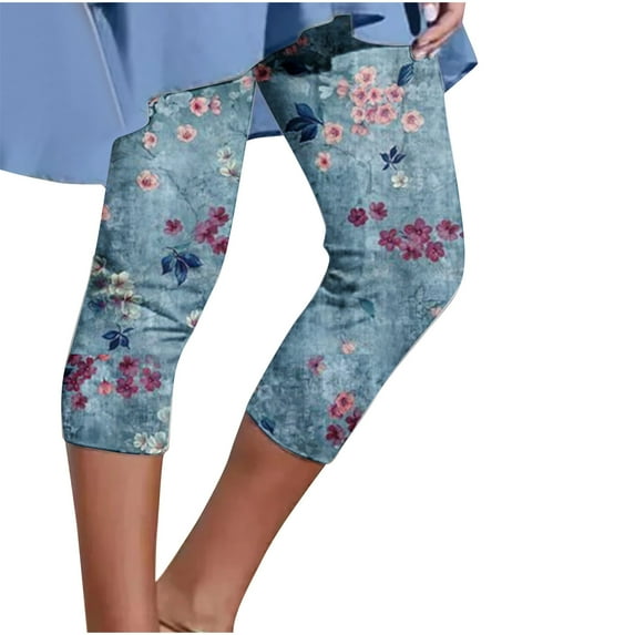 VERUGU Capris Pants for Women Spring Summer Casual Comfortable Elastic Waist Printed Cropped Pants Blue XL