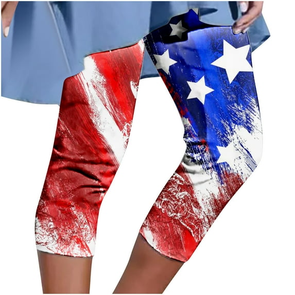 VERUGU Capris Pants for Women Summer Casual Elastic Waist Independence Day Printed Cropped Pants Blue S
