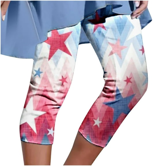 VERUGU Capris Pants for Women Summer Casual Elastic Waist Independence Day Printed Cropped Pants Light Blue XXL