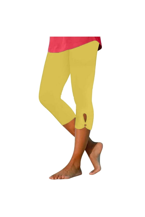 Capris for Women Lightweight Athletic Leggings High Waisted Solid Slim Lounge Pants for Workout Yoga Running Yellow XXL