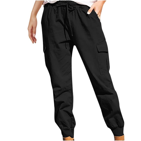 VERUGU Cargo Pants Women Fashion Plus Size Drawstring Casual Elastic Waist Pocket Loose Pants Black S
