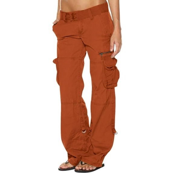 VERUGU Cargo Pants Women Ladies Solid Pants Hippie Punk Trousers Streetwear Jogger Pocket Loose Overalls Long Pants Orange XL