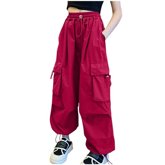 VERUGU Cargo Pants for Girls Kids Overalls Super Cool Bunches Foot Pants Kids Street Dance Pants Casual Wear Pants Red 12 Years