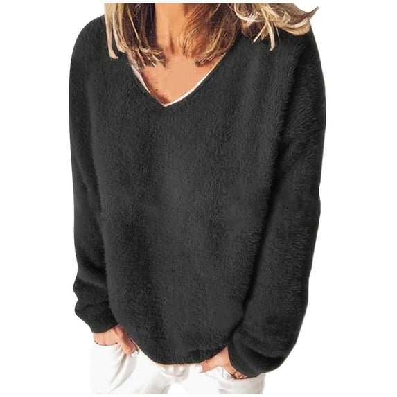 VERUGU Casual Loose T-Shirt Blouse for Women Long Sleeve V-Neck Plush Tops Solid Color Comfort Warm Fall Pullover Tops