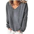 thumbnail image 1 of VERUGU Casual Loose T-Shirt Blouse for Women Long Sleeve V-Neck Plush Tops Solid Color Comfort Warm Fall Pullover Tops, 1 of 4