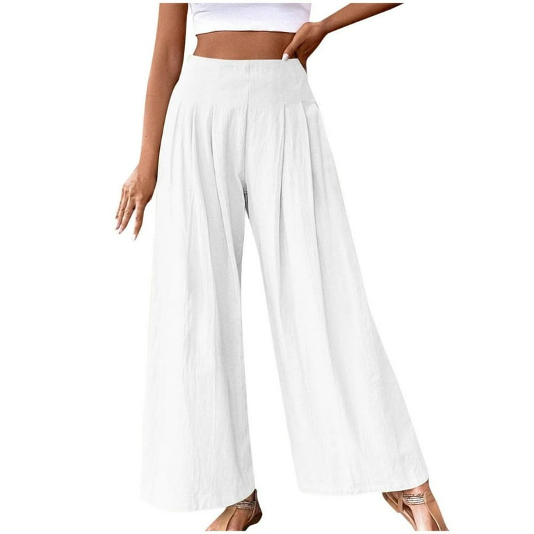 YOLAI Cotton Linen Solid Color High Waisted Loose Casual Pants For Women - Lightweight Wide Leg Trousers With Pockets