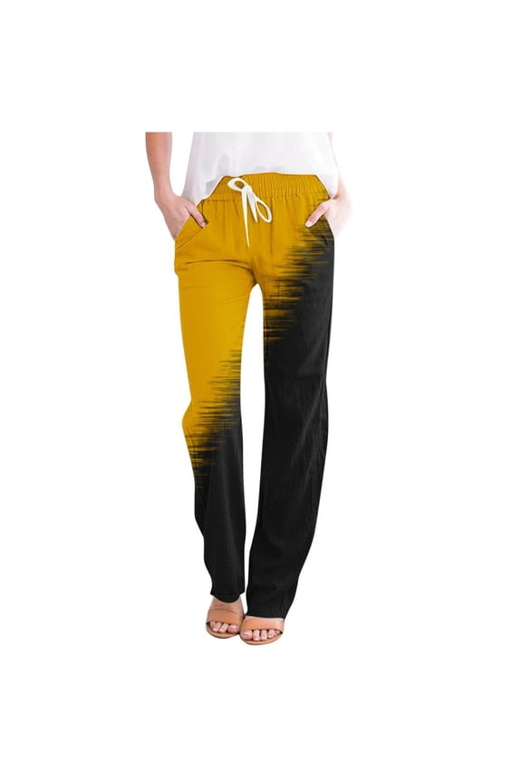 Casual Pants for Women Drawstring Summer Trendy Splice Color Print Pants Elastic Waist Straight Leg Baggy Comfort Daily Trousers with Pockets Full-Length Loose Slack Yellow L