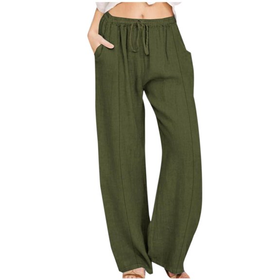 VERUGU Casual Pants for Women Imitation Cotton Linen Pants Casual Loose Elastic Waist Comfy Straight-Leg Long Loungewear Pant Trousers Solid Bandage Home Pants Summer Trendy Outfits Army Green L