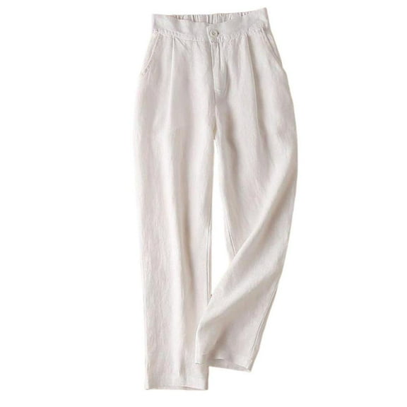 VERUGU Casual Pants for Women Summer Buttons Straight Leg Pants Soild Color Mid Waist Trousers Loose Classic Loungewear Pajama Pants Comfortable Daily Ninth Pants with Pockets White 3XL