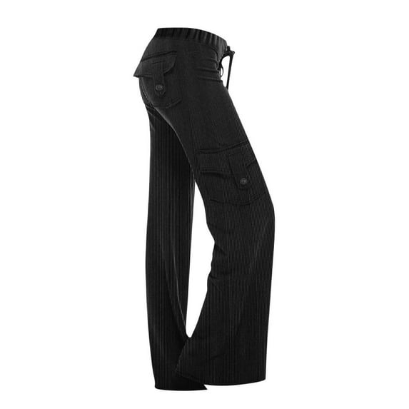 VERUGU Casual Pants for Women Summer Drawstring Pits Stripe Pant Straight Leg Elastic Waist Buttons Solid Pockets Trousers Loose Daily Comfortable Full-Length Work Dress Pants Black XXL