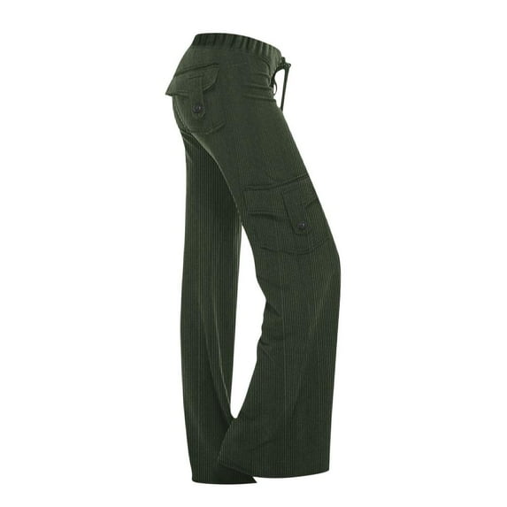 VERUGU Casual Pants for Women Summer Drawstring Pits Stripe Pant Straight Leg Elastic Waist Buttons Solid Pockets Trousers Loose Daily Comfortable Full-Length Work Dress Pants Army Green XL