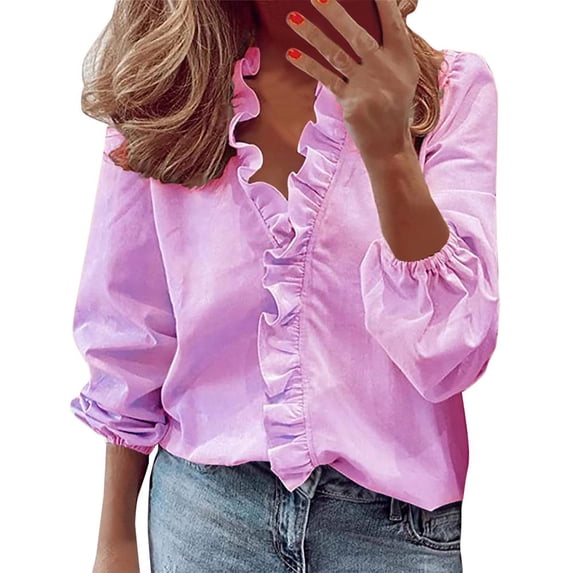 VERUGU Casual V-Neck Ruffle Blouse Shirts For Women Fall Winter Long Sleeve Print Tee Tops Oversized Pullover Blouse T-Shirt