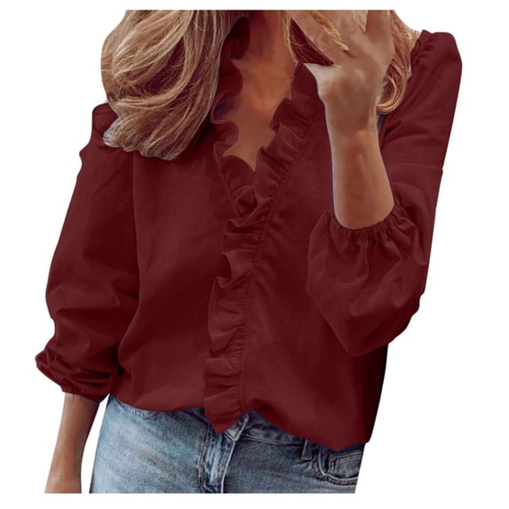 VERUGU Casual V-Neck Ruffle Blouse Shirts For Women Fall Winter Long Sleeve Print Tee Tops Oversized Pullover Blouse T-Shirt
