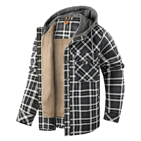 VERUGU Coats for Men Plaid Print Casual Long Sleeve Thickened Button Hooded Pocket Winter Jacket Gray XL