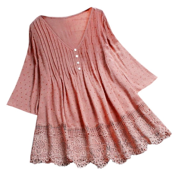 VERUGU Fall Women Plus Size 3/4 Sleeve V Neck Tops Casual Tunic Blouse Loose Shirt Oversized Kaftan Gypsy Shirt Tops Thin Pullover Tops