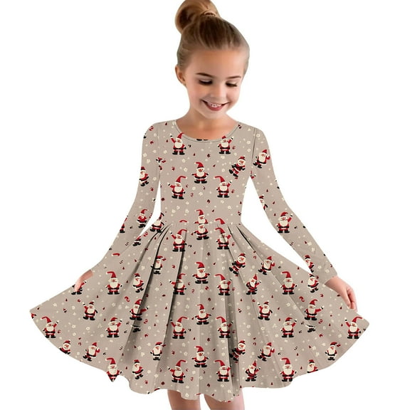 VERUGU Girls Dresses Children Kids Fall Winter Christmas Printed Princess Dress Long Sleeve Round Neck Dress 4-14 Years