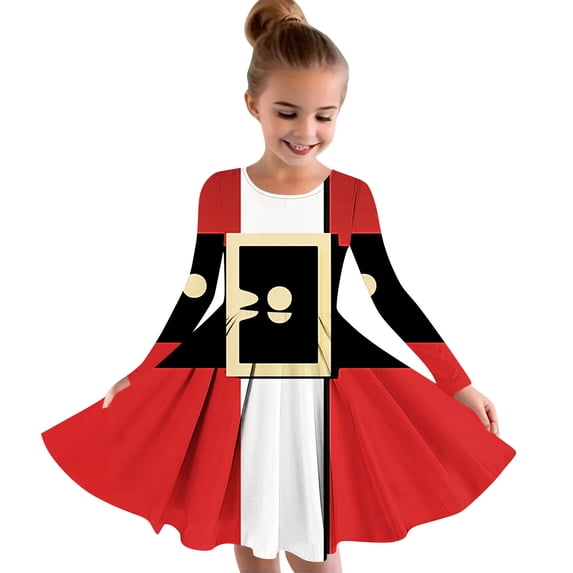 VERUGU Girls Dresses Children Kids Fall Winter Christmas Printed Princess Dress Long Sleeve Round Neck Dress 4-14 Years