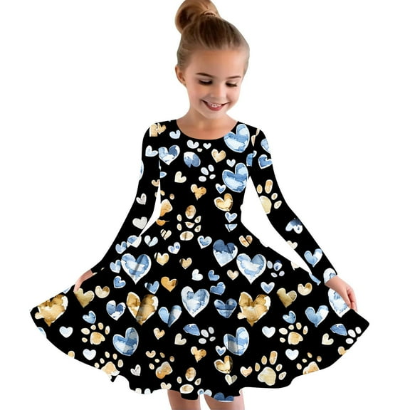 VERUGU Girls Dresses Children Kids Fall Winter Heart Printed Princess Dress Long Sleeve Round Neck Dress 4-14 Years