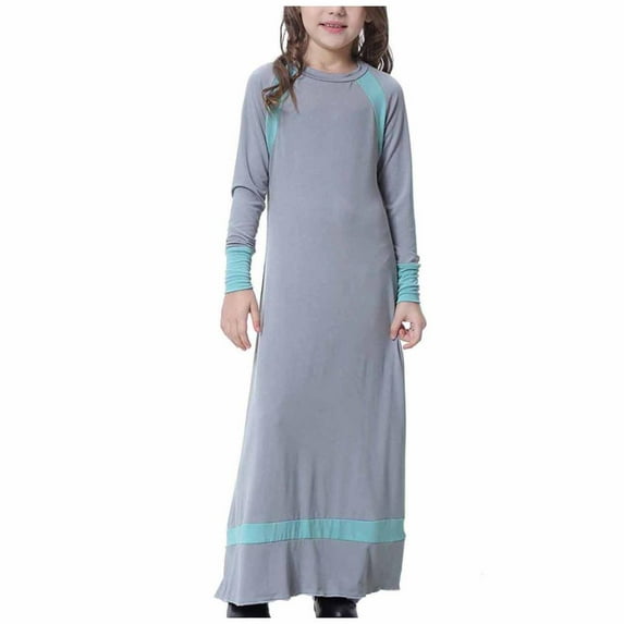 VERUGU Girls Dresses Muslim Long Dress Medium Big Girls Long Sleeve V Neck Colorblock Dress