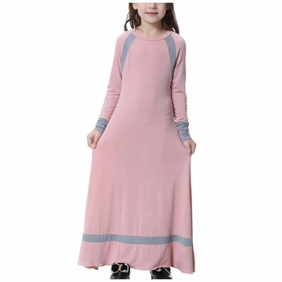 VERUGU Girls Dresses Muslim Long Dress Medium Big Girls Long Sleeve V Neck Colorblock Dress