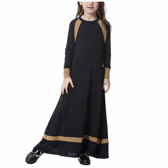 VERUGU Girls Dresses Muslim Long Dress Medium Big Girls Long Sleeve V Neck Colorblock Dress