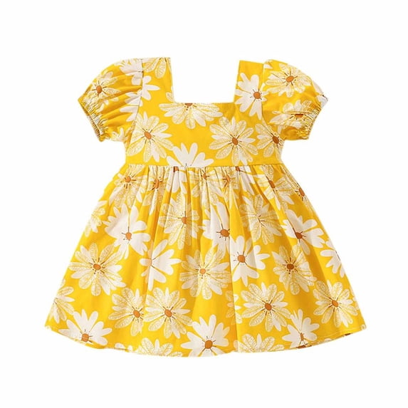 VERUGU Girls Dresses Toddler Baby Girl Fall Daisy Round Neck Bubble Sleeve Bow Short Sleeve Dress