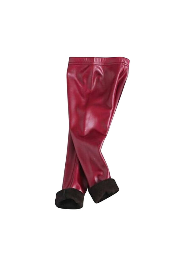Girls Leggings Fall Winter Kids Elastic Pants Fashion Solid Faux Leather Brushed Warm Casual Plush Leggings Red 6 Years