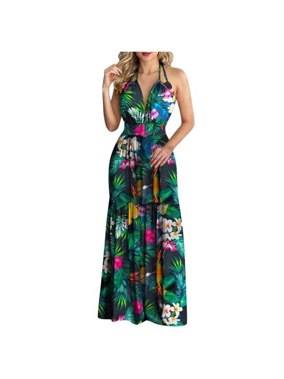 Hawaiian Dress for Womens Summer Holiday Beach Maxi Dress Floral Printed Boho Dress Sleeveless Tank Sun Dress Black S