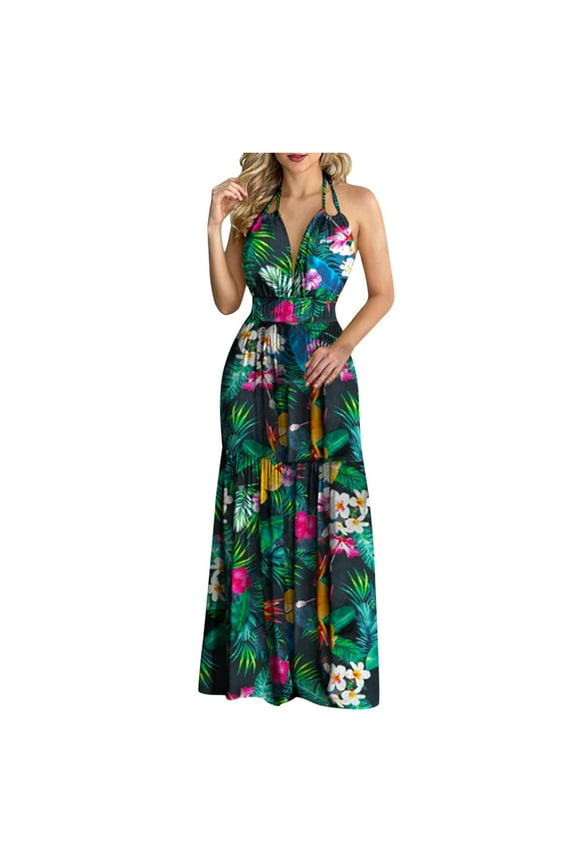 Hawaiian Dress for Womens Summer Holiday Beach Maxi Dress Floral Printed Boho Dress Sleeveless Tank Sun Dress Black S