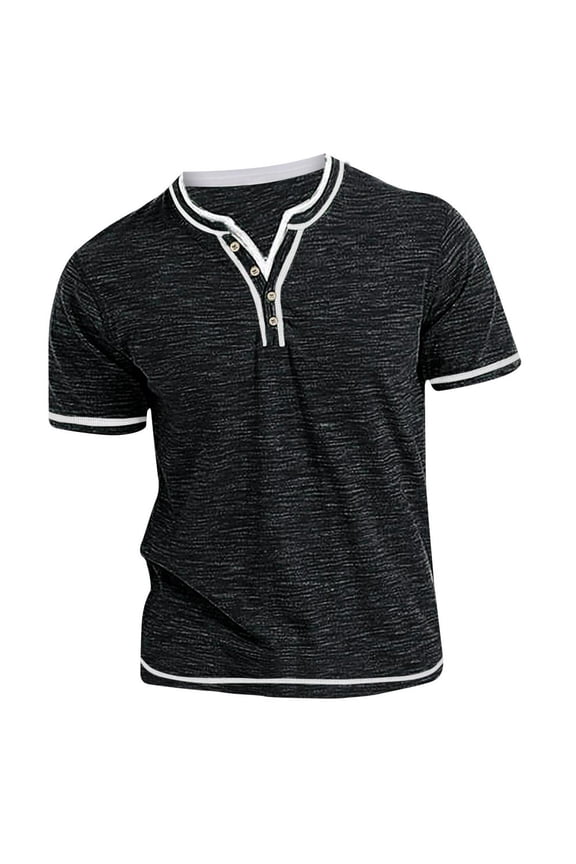 Henley Shirts for Men Top Shirt Slim Short Sleeve Lapel Casual Sports Bottom Shirt T-shirt Top Black L