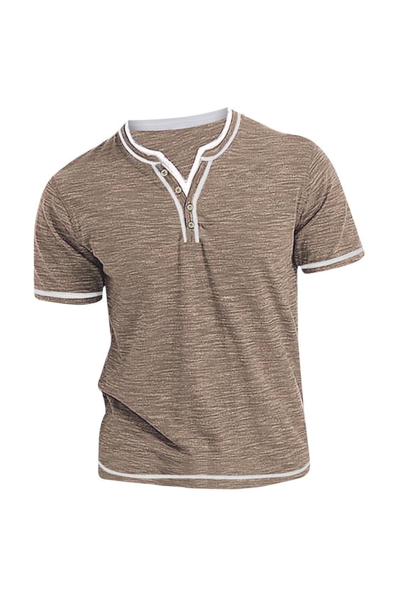 Henley Shirts for Men Top Shirt Slim Short Sleeve Lapel Casual Sports Bottom Shirt T-shirt Top Khaki M