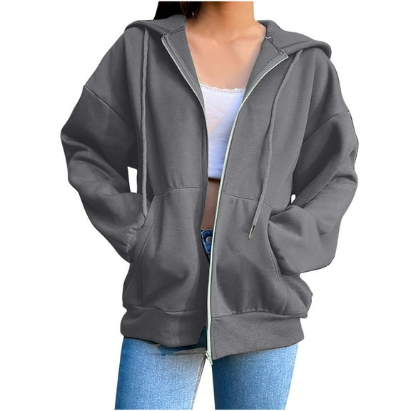 VERUGU Jackets for Women Casual Long Sleeve Zip Up Hooded Coats Trendy Solid Loose Fitting Cardigan with Pockets Dark Gray XXL