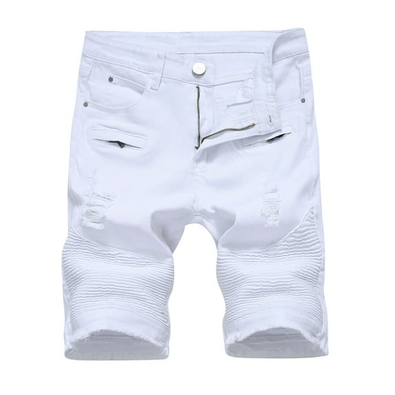 VERUGU Jean Shorts Men's Ripped Trunks Stretchy Washed Jeans Trunks Cut-Off Classic Fits Biker Jeans Trunks White L