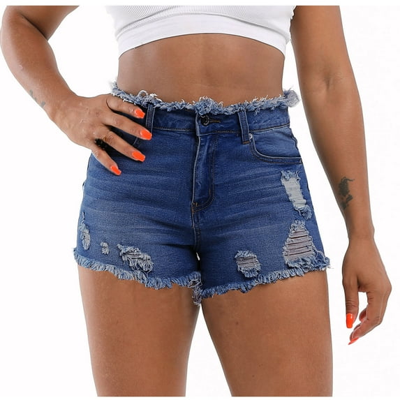 VERUGU Jeans for Women Fashion Solid Ripped Jeans Stretch Skinny Casual Shorts Denim Pants with Pockets Blue S