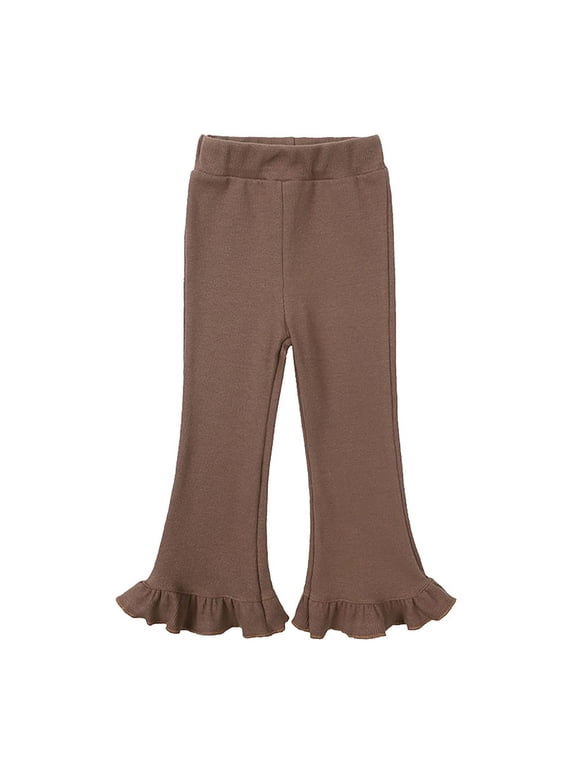 Kids Spring Fall Solid Baby Ruffled Flared Long Pants Cotton Cute Versatile Full Length Pants Coffee 5 Years