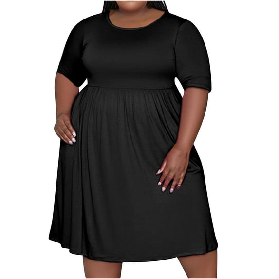 VERUGU Ladies Dress Round Neck Knee Length Dresses Short Sleeve Beach Oversized Plus Size Dress Daily Work High Waist Solid Dress Black XL