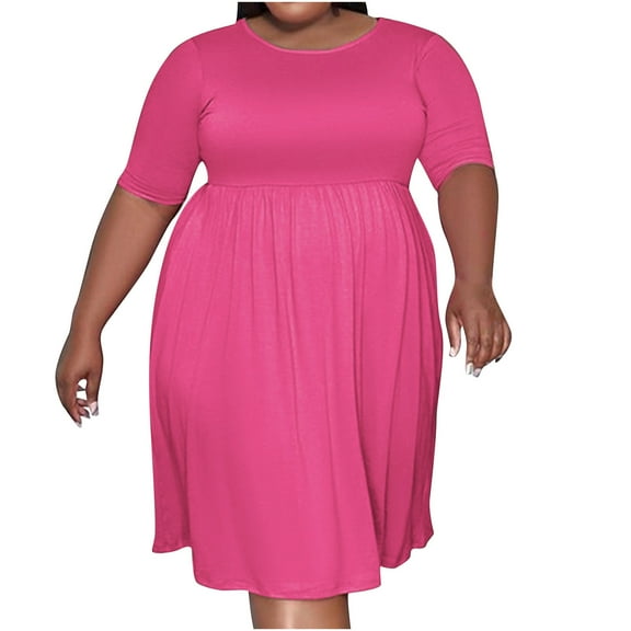 VERUGU Ladies Dress Round Neck Knee Length Dresses Short Sleeve Beach Oversized Plus Size Dress Daily Work High Waist Solid Dress Hot Pink 5XL