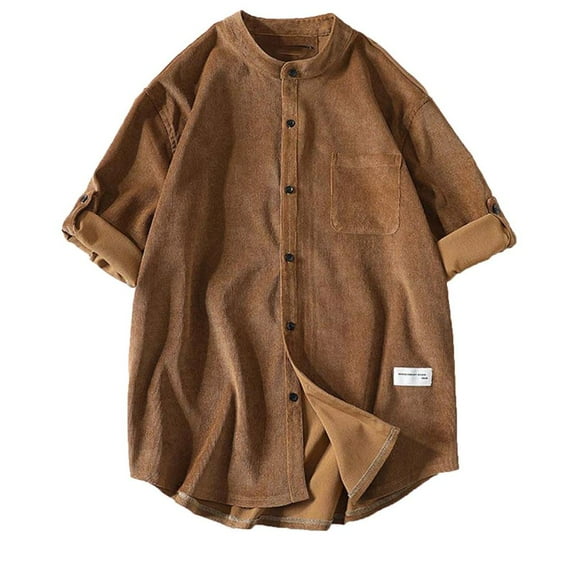 VERUGU Mens Casual Button Down Shirts Vintage Half Sleeve Banded Collar Pullover Fall Winter Solid Loose Basic Tops with Pocket Khaki 3XL