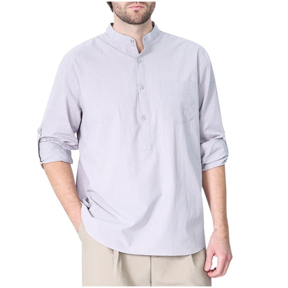 VERUGU Mens Casual Long Sleeve Button Down Henley Shirts Fall Winter Banded Collar Half Cardigan Solid Slim Cotton Tops Gray M