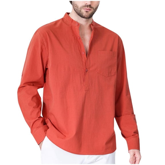 VERUGU Mens Casual Long Sleeve Button Down Henley Shirts Fall Winter Banded Collar Half Cardigan Solid Slim Cotton Tops Red S