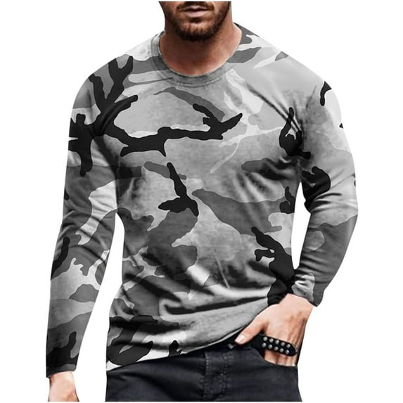 VERUGU Mens Sweatshirt Fashion Outdoor Fitness 3D Printing Camouflage Fit Spring Fall Casual Long Sleeve Round Neck Tops Gray M