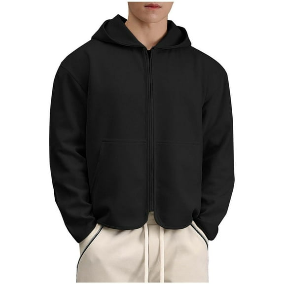VERUGU Mens Casual Long Sleeve Zipper Coat Fall Winter Hooded Tops Trendy Solid Loose Cotton Outwear with Pocket Black L