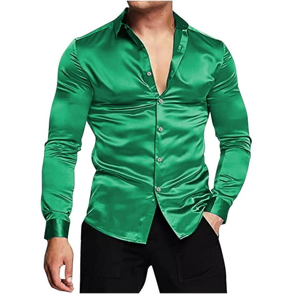 VERUGU Mens Dress Shirts Slim Lapel Long Sleeve Solid Trendy Bright Satin Formal Shirt Business Casual Button Down Tops Green M