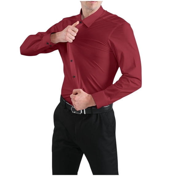 VERUGU Mens Dress Shirts Stretch Slim Lapel Long Sleeve Solid Trendy Work Formal Shirt Business Casual Button Down Tops Cardigan Red XL