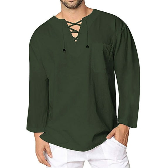 VERUGU Mens Lightweight Breathable Casual Fashion Shirt Solid Color Long Sleeve V-Neck Fit Summer Loose Comfortable Blouse Army Green M