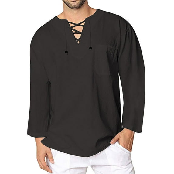 VERUGU Mens Lightweight Breathable Casual Fashion Shirt Solid Color Long Sleeve V-Neck Fit Summer Loose Comfortable Blouse Black XXL