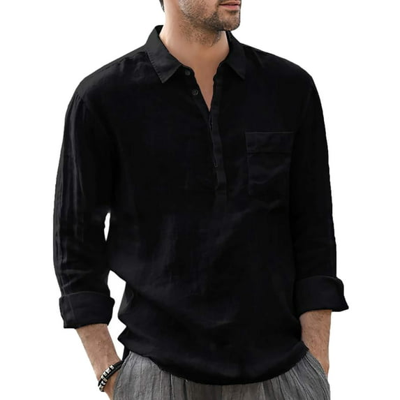 VERUGU Mens Lightweight Breathable Casual Fashion Shirt Solid Color Long Sleeve V-Neck Fit Summer Loose Comfortable Blouse Black XXL
