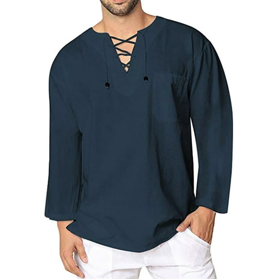 VERUGU Mens Lightweight Breathable Casual Fashion Shirt Solid Color Long Sleeve V-Neck Fit Summer Loose Comfortable Blouse Navy L